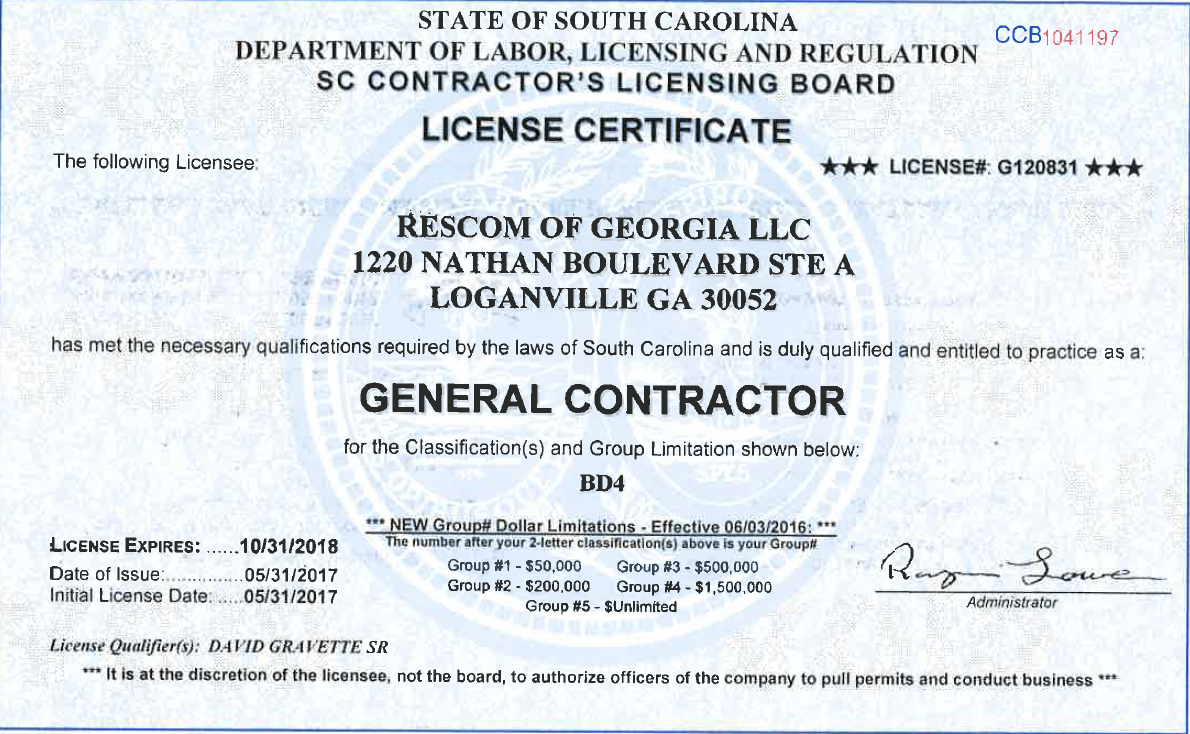 Rescom General Contractors Licenses Insurance Bonding Certifications Proview